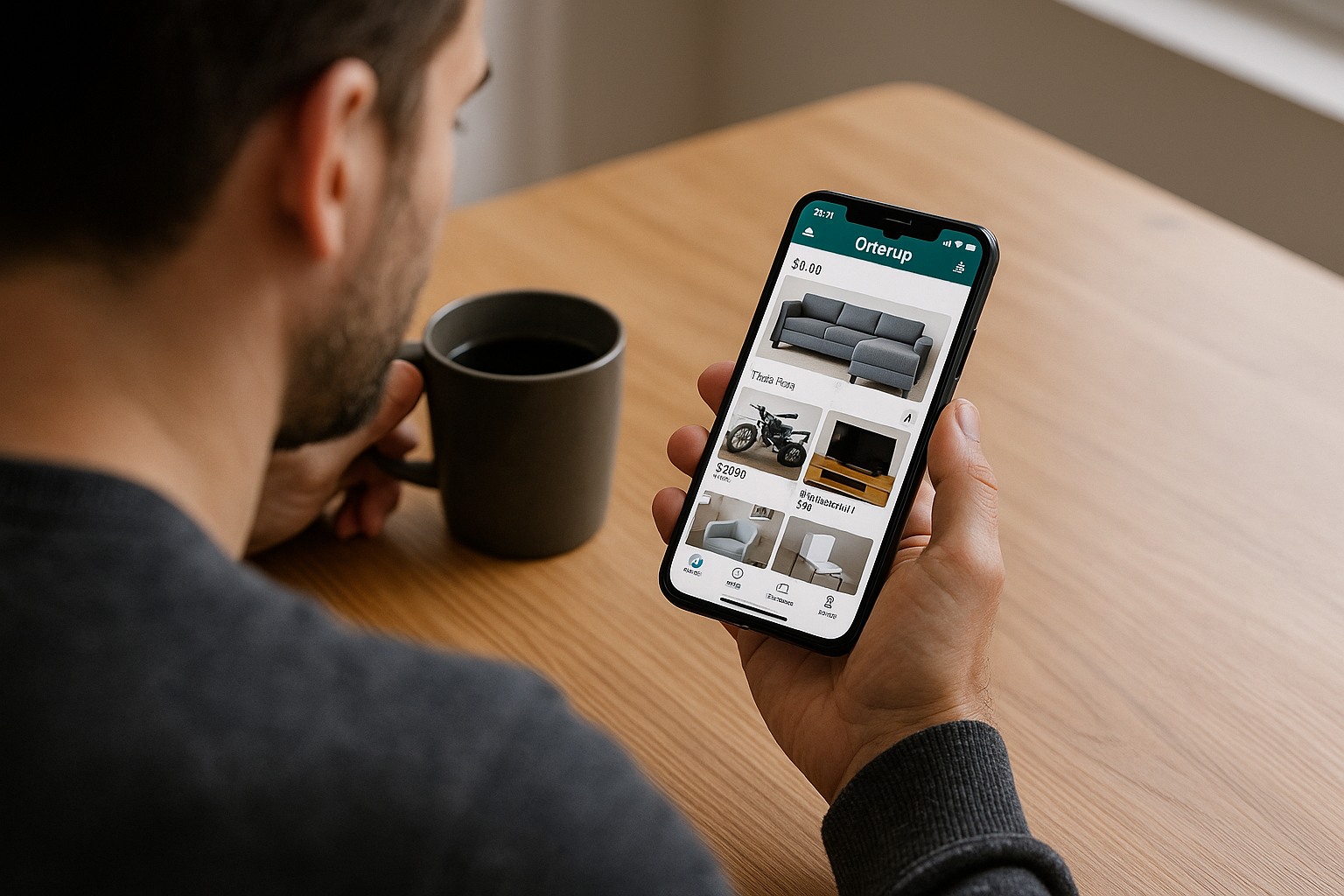 Person negotiating for a couch on a marketplace app while sitting at a wooden table with a cup of coffee.
